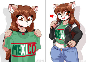 5_fingers anthro backpack black_nose bottomwear brown_eyes brown_hair clothed clothing denim denim_bottomwear denim_clothing dipstick_ears ear_markings eyelashes female fingerless_(marking) fingers fully_clothed hair heart_eyes heart_symbol jacket jeans long_hair markings mexico midriff multicolored_ears navel one_eye_closed open_mouth open_smile pants shirt simple_background smile solo text topwear wink alfa995 canada_anal_meme doe_(alfa995) deer mammal 2019 digital_media_(artwork) hi_res signature