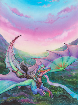 anthro duo female fin flying hooves horse_tail male male/female multicolored_body rainbow_body romantic sunrise dragonlovers natoli mythology rakeela accipitriform avian bird dragon mythological_creature mythological_scalie scalie secretary_bird book_cover cover hi_res traditional_media_(artwork)