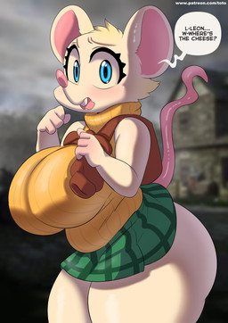 alternate_species anthro big_breasts blue_eyes blush bottomwear breasts clothed clothing dialogue female furrification huge_breasts name_drop orange_clothing orange_sweater orange_topwear pink_nose scar side_view skirt solo standing sweater text thick_thighs topwear toto_draw capcom resident_evil ashley_graham moushley house_mouse mammal mouse murid murine rodent 2023 absurd_res english_text hi_res