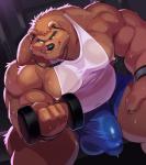 5_fingers anthro balls bicep_curl biceps big_bulge big_muscles biped black_nose bodily_fluids bottomwear brown_body brown_fur bulge claws clothing detailed_bulge dumbbell dutch_angle electronics exercise eyebrows fingers fur genital_fluids genital_outline genitals hand_on_leg hand_on_thigh headphones huge_bulge huge_muscles male musclegut muscular muscular_anthro muscular_male navel nipple_piercing nipples overweight overweight_male pecs penis_outline piercing pink_nipples precum precum_through_clothing precum_through_underwear shirt shorts sitting solo sweat tank_top thick_eyebrows thick_thighs tight_clothing topwear underwear weightlifting weights wet wet_clothing workout wristband matomonstera bear mammal 2019 digital_media_(artwork) hi_res portrait three-quarter_portrait