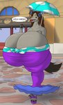 anthro big_breasts breasts brown_hair clothing dress ear_piercing ear_ring female gesture hair heterochromia huge_breasts hyper hyper_breasts parasol piercing pupils purple_clothing purple_dress red_pupils ring_piercing solo text waving waving_at_viewer wide_hips yellow_pupils yellow_sclera alythewolfcat nintendo pokemon generation_3_pokemon mightyena pokemon_(species) absurd_res hi_res spanish_text