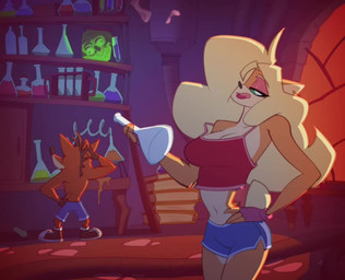 4_fingers anthro big_breasts biped blonde_hair blue_bottomwear blue_clothing blue_shorts blush book bottomwear breast_expansion breasts brown_clothing brown_gloves brown_handwear cleavage clothed clothing detailed_background dialogue drinking duo ear_piercing ear_ring erlenmeyer_flask expansion female fingerless_gloves fingers gloves grin hair hair_over_eye handwear heart_eyes heart_pupils heart_symbol huge_breasts inside laboratory_equipment laboratory_glassware looking_at_breasts looking_at_own_breasts looking_at_self male music navel piercing potion red_clothing ring_piercing scientific_instrument shorts smile speech_bubble tail test_tube text topless topless_anthro topless_male topwear bigdad activision crash_bandicoot_(series) crash_bandicoot tawna_bandicoot bandicoot mammal marsupial 2026 animated english_text short_playtime sound video