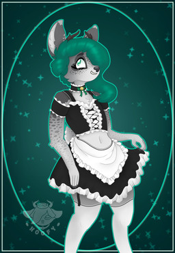 anthro antlers bell bell_collar clothing collar eyeliner femboy freckles fur green_eyes green_hair grey_body grey_fur hair hooves horn legwear maid_uniform makeup male mottled piebald ribbons smile solo spots standing stockings text uniform white_body white_fur hoofyval val_(hoofyval) deer mammal new_world_deer white-tailed_deer absurd_res hi_res
