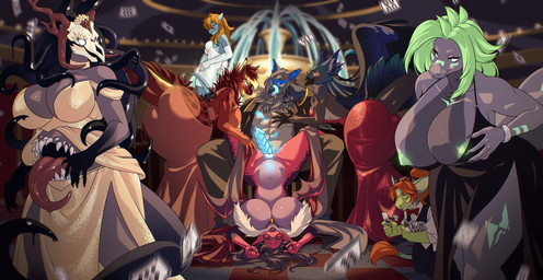 abdominal_bulge casino classy clothing dress exhibitionism female genitals glowing glowing_genitalia glowing_penis glowing_tongue group harem implied_breast_suck male male/female nipple_slip penetration penis sex tongue kyabetsu capcom monster_hunter mythology dauna_(reptilligator) shashai_(durgonbutt) vayhl'ayne_(vahlyance) wheelie_(character) aquatic avian dragon eldritch_abomination fish flying_wyvern goblin gryphon hybrid kobold mamagen mythological_avian mythological_creature mythological_scalie nargacuga scalie shark absurd_res hi_res