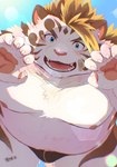 anthro areola belly black_hair blonde_hair blue_eyes blush bulge claws clothing fur hair looking_at_viewer male multicolored_hair open_mouth overweight overweight_anthro overweight_male solo striped_body striped_fur stripes swimwear two_tone_hair white_body white_fur hijirinoyuta lifewonders tokyo_afterschool_summoners licho_(tas) felid mammal pantherine tiger 2024 hi_res