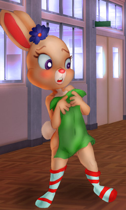 4_fingers anthro blush clothing covering covering_self embarrassed eyebrows eyelashes female fingers footwear hallway holding_object holding_towel inside legwear nude school socks solo towel mousetache lagomorph leporid mammal rabbit 2017 hi_res