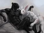 anthro bed duo fur furniture latex male male/male muscular nude pendulum predator/prey cureboltium felid lagomorph latex_creature leporid living_latex mammal pantherine rabbit 4:3 digital_media_(artwork)