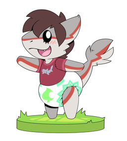 ambiguous_gender anthro big_diaper black_eyes black_sclera blush blush_lines brown_hair clean_diaper clothed clothing diaper facial_markings featureless_feet featureless_hands feet fur gesture grass grey_body grey_fur grey_tail hair head_markings looking_at_viewer markings multicolored_body multicolored_fur multicolored_tail one_eye_obstructed open_mouth open_smile plant red_body red_clothing red_fur red_shirt red_t-shirt red_tail red_topwear seam_(sewing) shirt simple_background smile snaggle_tooth solo t-shirt tail tan_body tan_fur tan_tail topwear waving waving_at_viewer wearing_diaper white_background bubblepuppers animal_crossing nintendo cryo_lithius sergal hi_res
