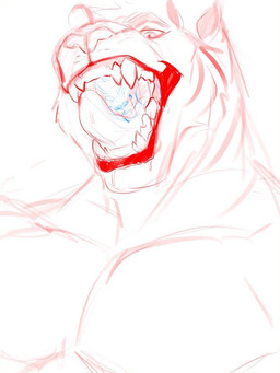 anthro duo fangs in_mouth male male_anthro male_pred male_prey muscular muscular_anthro muscular_male narrowed_eyes open_mouth oral_vore pecs simple_background teeth tongue tongue_out vore solaxe_(artist) solaxe felid kangaroo macropod mammal marsupial pantherine tiger 3:4 sketch