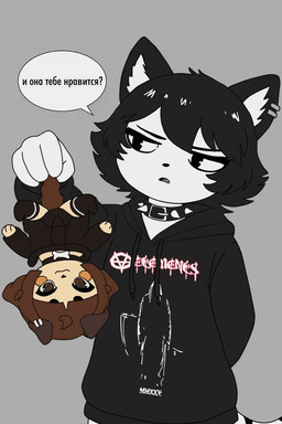 4_fingers anthro black_hair bone brown_eyes clothing collar doll duo ear_piercing ear_ring female fingers hair holding_object hoodie piercing questioning ring_piercing short_hair spiked_collar spikes text topwear razval death_(personification) mimi_(typh) valeria_(razval) domestic_cat felid feline felis mammal 2:3 hi_res russian_text