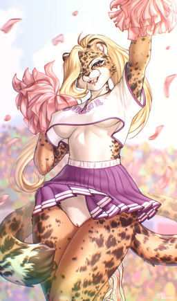 anthro big_breasts biped black_spots blonde_hair bottomwear breasts brown_body brown_fur brown_tail cheerleader_outfit clothed clothed_anthro clothed_female clothing cloud countershade_torso countershading day female female_anthro front_view fur genitals hair holding_object holding_pom_poms inner_ear_fluff looking_at_viewer markings nipple_outline no_bra no_underwear open_mouth open_smile outside piercing pom_poms pose purple_eyes skirt sky smile solo spots spotted_body spotted_fur spotted_markings spotted_tail standing tail tail_markings teeth thick_thighs tongue topwear tuft under_boob upskirt vulva wide_hipped_anthro wide_hipped_female wide_hips pizhma cocoa_(cocoa7787) cheetah felid feline mammal 2025 absurd_res digital_drawing_(artwork) digital_media_(artwork) hi_res pinup portrait