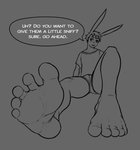 5_toes anthro feet foot_fetish humanoid_feet male musk paws plantigrade smelly soles solo speech_bubble text toes bunnyfeet hare lagomorph leporid mammal rabbit english_text monochrome