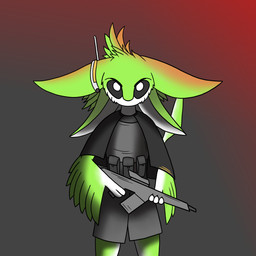 3_fingers 4_ears ambiguous_gender anthro assault_rifle big_ears biped black_clothing black_eyes black_sclera black_topwear bottomwear clothed clothed_anthro clothing electronics feathered_arms feathered_wings feathers fingers front_view fully_clothed gradient_background green_body green_feathers green_wings grey_bottomwear grey_clothing grey_topwear gun holding_gun holding_object holding_ranged_weapon holding_weapon looking_at_viewer military military_uniform multi_ear multicolored_body ranged_weapon rifle simple_background soldier solo standing tail topwear tuft two_tone_body uniform warrior weapon white_body white_face winged_arms wings zav-ki naako_piki_(dimlim) alien avali avian absurd_res digital_drawing_(artwork) digital_media_(artwork) hi_res portrait shaded three-quarter_portrait male_(lore)