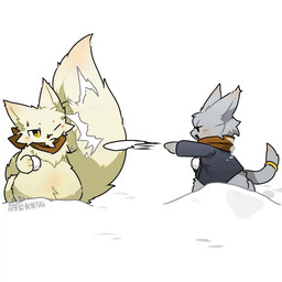 :3 accessory ambiguous_anthro ambiguous_gender anthro big_tail biped black_eyes blush blush_lines bottomless bottomless_ambiguous bottomless_anthro breath brown_kerchief brown_neckerchief cheek_tuft chest_tuft circle_eyebrows clothed clothing coat duo eyebrows facial_tuft fluffy fluffy_chest fluffy_tail front_view fur furgonomics grey_body grey_clothing grey_coat grey_ears grey_fur grey_tail grey_topwear hand_on_tail head_tuft holding_snowball holding_tail huge_tail jewelry kemono kerchief kerchief_only kneeling looking_at_another monotone_body monotone_fur monotone_tail mostly_nude neckerchief neckerchief_only neckwear open_mouth orange_eyes outside pupils ring snow snowball snowball_fight tail tail_accessory tail_jewelry tail_motion tail_ring tailwag tan_body tan_ears tan_fur tan_inner_ear tan_tail topwear tuft white_pupils winter tontaro naa-kun_(tontaro) domestic_cat felid feline felis mammal 1:1 2d_animation animated cel_shading colored digital_media_(artwork) frame_by_frame loop no_sound seamless_loop shaded short_playtime signature video