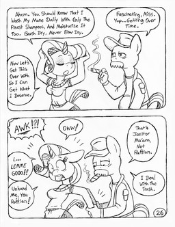 anthro cigar clothed clothed_anthro clothed_female clothed_male clothing dialogue duo eye_bags eyelashes facial_hair female fully_clothed fully_clothed_anthro fully_clothed_female fully_clothed_male hat headgear headwear horn janitor male manhandling mustache restrained restrained_arms smoking speech_bubble tail text circe_(artist) comedy_central friendship_is_magic futurama hasbro my_little_pony mythology rarity_(mlp) scruffy_(futurama) earth_pony equid equine horse mammal mythological_creature mythological_equine pony unicorn comic english_text monochrome
