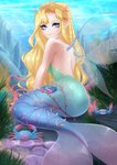 blonde_hair blue_eyes breasts butt day detailed_background female hair humanoid_pointy_ears kelp long_hair outside smile solo split_form underwater water wings dannyckoo tresertf humanoid marine merfolk 2020 hi_res