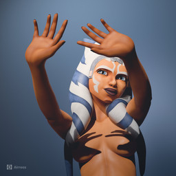 areola blue_eyes breasts collarbone eyelashes facial_markings female head_markings lekku_(anatomy) markings nipples not_furry nude orange_body orange_skin solo airress3d shadow_hands_challenge star_wars ahsoka_tano alien alien_humanoid humanoid togruta 1:1 2026 3d_(artwork) absurd_res digital_media_(artwork) hi_res