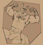 anthro biceps bulge clothed clothing detailed_bulge flexing genital_outline male muscular muscular_male penis_outline shirt solo tank_top topwear donlemurejo eloy_cooper canid canine canis domestic_dog german_shepherd herding_dog mammal pastoral_dog himbo absurd_res hi_res monochrome