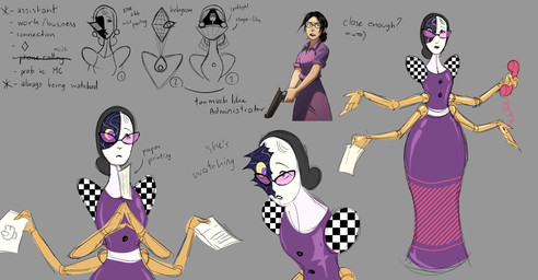 4_arms 5_fingers anthro black_hair checkered checkered_clothing checkered_topwear clothing doll dress electronics eyewear female fingers front_view glasses grey_background gun hair handgun holding_gun holding_handgun holding_object holding_paper holding_phone holding_pistol holding_ranged_weapon holding_weapon landline_phone looking_aside looking_at_viewer medium_hair microphone mouth_closed multi_arm multi_limb open_mouth paper pattern_clothing pattern_topwear phone pince-nez pink_eyewear pink_glasses pistol pose pupils purple_clothing purple_dress purple_eyes ranged_weapon round_glasses simple_background solo text thin_eyebrows topwear weapon wearing_glasses white_sclera yellow_pupils yellow_sclera ninetheowl ambient_among_us team_fortress_2 valve miss_pauling_(team_fortress_2) animate_inanimate living_doll colored digital_drawing_(artwork) digital_media_(artwork) english_text full-length_portrait half-length_portrait hi_res portrait reference_image sketch three-quarter_portrait