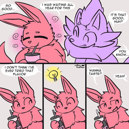 ambiguous_gender container cup dialogue drinking_straw duo eyes_closed fangs feral half-closed_eyes head_tuft light_bulb looking_at_another narrowed_eyes neck_tuft purple_body red_body smile smirk speech_bubble talking_to_another teeth text tuft nulloffset nintendo pokemon leif_(nulloffset) taro_(nulloffset) eevee generation_1_pokemon generation_5_pokemon pokemon_(species) zorua 1:1 comic english_text hi_res restricted_palette watermark