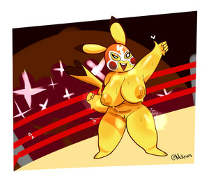 anthro areola big_breasts bodily_fluids breasts clothing cosplay_pikachu_(costume) dipstick_ears dipstick_tail ear_markings eyelashes female front_view fur genitals gesture hand_gesture huge_breasts markings mask mask_only multicolored_ears navel nipples nude orange_areola orange_nipples pokemorph solo sports_mask sportswear sweat tail tail_markings thick_thighs thumbs_up vulva white_eyes wide_hips wrestling_mask yellow_body yellow_fur mckeyes nintendo pokemon pikachu_libre generation_1_pokemon pikachu pokemon_(species) hi_res