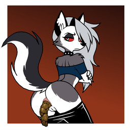 4_fingers anthro anus black_bottomwear black_claws black_clothing black_collar black_ears black_eyebrows black_nose black_pants black_tail blue_clothing blue_crop_top blue_shirt blue_topwear border bottomwear bottomwear_down brown_background butt cheek_tuft claws closed_frown clothed clothed_anthro clothed_female clothing collar crop_top crossed_arms crouching eyebrows eyelashes facial_tuft feces female female_anthro female_pooping finger_claws fingers fluffy fluffy_tail frown fur genitals grey_body grey_fur grey_hair hair half-closed_eyes head_turned humanoid_genitalia humanoid_vulva inner_ear_fluff long_hair looking_back mouth_closed multicolored_body multicolored_fur narrowed_eyes notched_ear pants pants_down partially_clothed pink_anus pooping pupils red_sclera shirt shoulder_blades simple_background slit_pupils snout solo spiked_collar spikes tail topwear tuft two_tone_body two_tone_fur two_tone_tail vulva white_body white_border white_eyes white_fur white_inner_ear white_inner_ear_fluff white_tail white_vulva sim_son hellaverse helluva_boss mythology loona_(helluva_boss) canid canid_demon canine demon hellhound mammal mythological_canine mythological_creature 1:1 2026 absurd_res hi_res