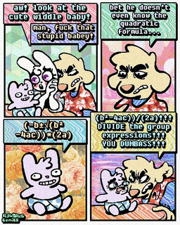 4_panel_comic aloha_shirt anthro cheek_spots clothing dialogue grin group half-closed_eyes humor male narrowed_eyes neonate pattern_clothing pattern_shirt pattern_topwear quadratic_equation shirt smile speech_bubble text topwear trio wide_eyed young rawdawgcomics bingus_(rawdawgcomics) stahli_(rawdawgcomics) bird_dog canid canine canis domestic_dog golden_retriever hunting_dog lagomorph leporid mammal rabbit retriever 4:5 comic english_text hi_res