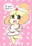 alternate_costume anthro breasts buckteeth clothed clothing dialogue female fur gloves handwear heart_symbol medical_instrument medical_syringe nurse nurse_clothing nurse_uniform open_mouth scientific_instrument simple_background solo standing syringe teeth text uniform yellow_body yellow_fur vallycuts animal_crossing nintendo isabelle_(animal_crossing) canid canine canis domestic_dog mammal shih_tzu toy_dog 2018 digital_media_(artwork) english_text