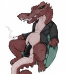 anthro balls brown_body cigarette genitals half-erect humanoid_genitalia humanoid_penis male non-mammal_balls penis simple_background smoke smoking solo white_background conditional_dnp mej crocodile crocodilian reptile scalie