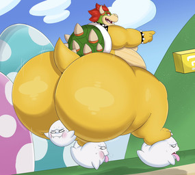 anthro armband belly big_belly big_butt blush bracelet bubble_butt butt collar detailed_background group hair horn huge_butt hyper hyper_butt jewelry male overweight overweight_anthro overweight_male rear_view red_hair shell spiked_armband spiked_bracelet spiked_collar spiked_shell spikes spikes_(anatomy) tongue tongue_out white_body yellow_body megacoolbear mario_bros nintendo bowser boo_(mario) ghost koopa scalie spirit hi_res