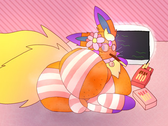accessory balls bed bedroom bell bell_collar big_balls big_butt bulge butt clothing collar computer eating electronics eyewear feral flower flower_in_hair food footwear freckled_butt freckles furniture genitals glasses hair hair_accessory huge_butt laptop legwear lying male musk on_side overweight panties pattern_clothing pattern_underwear plant rear_view socks solo striped_clothing striped_underwear stripes thigh_highs underwear whiskers nanabsylve nintendo pocky pokemon fan_character eeveelution espeon flareon flarespeon generation_1_pokemon generation_2_pokemon hybrid_pokemon pokemon_(species) 4:3 hi_res trans_(lore) trans_woman_(lore)