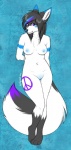 3_toes abstract_background anthro big_tail biped black_hair blue_nipples breasts feet female genitals hair hindpaw long_hair looking_at_viewer nipples nude paws peace_symbol purple_eyes pussy shy simple_background solo standing tail toes nycket carmine_(mommawoof) arctic_fox canid canine fox mammal true_fox