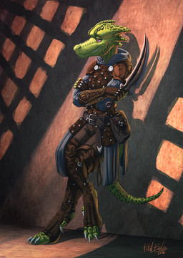 anthro armor biped clothed clothing dagger digitigrade eyelashes holding_object holding_weapon leaning melee_weapon pink_eyes smile solo standing tail weapon azsola mythology dragon mythological_creature mythological_scalie scalie 2016 hi_res