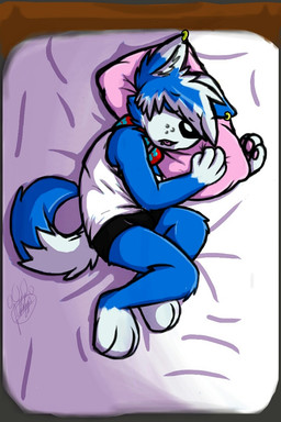 anthro black_bottomwear black_clothing black_nose black_shorts blue_body blue_ears blue_fur blue_hair bottomwear cheek_tuft clothing collar digitigrade dipstick_ears dipstick_tail ear_markings ear_piercing ear_ring facial_tuft floppy_ears fur hair hug hugging_object hugging_pillow male markings multicolored_body multicolored_ears multicolored_fur multicolored_hair pawpads piercing pillow pink_pawpads red_collar ring_piercing shirt shorts sleeping solo tail tail_markings tank_top topwear tuft two_tone_body two_tone_ears two_tone_fur two_tone_hair white_body white_ears white_fur white_hair gaokun gao_(gaokun) border_collie canid canine canis collie domestic_dog herding_dog hybrid mammal nordic_sled_dog pastoral_dog samoyed sheepdog spitz 2015 2:3 watermark