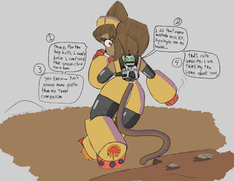 angry anthro arm_cannon dialogue duo female larger_female machine male ranged_weapon size_difference speech_bubble talking_to_another text weapon weapon_arm gameoverse glitch_productions ratchet_and_clank sony_corporation sony_interactive_entertainment clank_(ratchet_and_clank) kit_bodega domestic_cat felid feline felis mammal robot crossover english_text