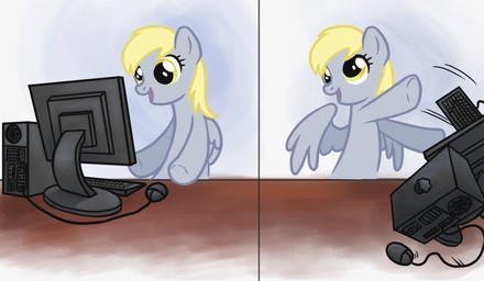 angry computer computer_keyboard cross-eyed damage electronics feathered_wings feathers female food grey_body grey_feathers happy monitor muffin shove solo wings unknown_artist friendship_is_magic hasbro my_little_pony mythology derpy_hooves_(mlp) equid equine mammal mouse murid murine mythological_creature mythological_equine pegasus rodent comic hi_res reaction_image