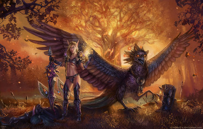 4_toes anisodactyl armor arrow_(weapon) avian_feet beak black_beak black_claws blood blue_body blue_feathers blue_tongue bodily_fluids braided_hair breasts claws clothed clothing day death detailed_background duo_focus embers falling_leaves feathered_crest feathered_wings feathers feet female feral fire forest gauntlets gloves glowing glowing_eyes grass green_body green_eyes green_feathers green_hair group hair handwear head_crest heterochromia holding_melee_weapon holding_object holding_sword holding_weapon humanoid_pointy_ears leaf lying magic magic_user melee_weapon midriff multicolored_body multicolored_feathers multicolored_wings navel on_front one_leg_up open_mouth outside peacock_feather plant pointy_ears ponytail purple_body purple_feathers raised_leg ranged_weapon red_eyes shield spread_wings standing sword tan_body tan_feathers text toes tongue tree unconvincing_armor water weapon wings yellow_eyes x-celebril-x mythology avian bird elf humanoid mythological_avian mythological_bird mythological_creature mythological_firebird 2020 digital_media_(artwork) url