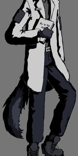 anthro armor belt belt_buckle black_body boots buckle clipboard clothing coat footwear headgear helmet lab_coat machine male name_tag red_eyes screen screen_face shirt shirt_collar shoes tail topwear nikolay_ferz protogen absurd_res hi_res