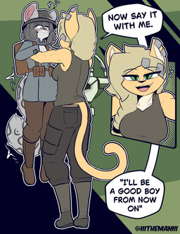 anthro armor biped bottomwear breasts butt carrying_another clothed clothed_anthro clothed_female clothed_male clothing dominant dominant_female duo eye_contact female footwear fully_clothed fully_clothed_anthro fully_clothed_female fully_clothed_male fur good_boy green_eyes hair headgear helmet larger_female looking_at_another male shoes size_difference smile tail text topwear the_man bridge_(the_man) domestic_cat felid feline felis mammal absurd_res comic english_text hi_res