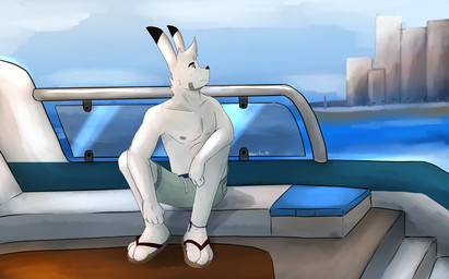 3_toes anthro band-aid bandage barefoot beach blue_eyes boat clothed clothing feet flip_flops footwear fur male pecs sandals sea seaside shoes sitting solo summer toes topless vehicle water watercraft white_body white_fur conditional_dnp gearfox98 francis_(gearfox98) arctic_hare hare lagomorph leporid mammal rabbit hi_res