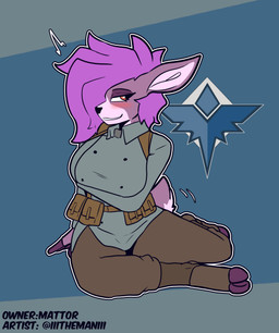 anthro black_nose blush breasts clothed clothing female fingers fur hair looking_at_viewer military pink_body pink_hair sitting solo tail the_man foxhole:_persistant_online_warfare clair_de_lune_(mlp) deer mammal absurd_res hi_res