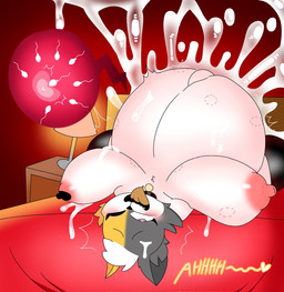anthro bed belly big_belly big_breasts bite_mark bodily_fluids breasts cum cum_inflation cum_inside duo ejaculation female furniture genital_fluids heart_symbol huge_belly huge_breasts impregnation inflation male male/female nipples ovum ovum_with_heart pornography sperm_cell tongue tongue_out white_body lokbunny17 domestic_cat felid feline felis mammal hi_res