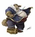 anthro barefoot belly belly_overhang big_belly biped brown_body brown_fur brown_hair claws clothed clothing cutlass ear_piercing feet fur hair hand_on_belly holding_melee_weapon holding_object holding_sword holding_weapon male melee_weapon obese obese_anthro obese_male overweight overweight_anthro overweight_male piercing pirate ponytail sash simple_background smile solo step_pose sword toe_claws treasure_chest weapon white_background kygen blizzard_entertainment warcraft cedric_galloway canid mammal werecanid werecreature worgen hi_res