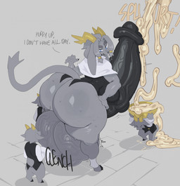 anthro antlers balls big_balls big_breasts big_butt big_penis bodily_fluids breasts butt clenching_balls cum ejaculation erection fur genital_fluids genitals grey_body grey_fur group gynomorph hair horn huge_balls huge_breasts huge_butt huge_penis hyper hyper_balls hyper_genitalia hyper_penis intersex penis tail text trio nanokindred pseudoregalia sybil_(pseudoregalia) bovid caprine goat jackalope lagomorph leporid mammal rabbit english_text hi_res