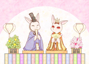 ambiguous_anthro ambiguous_gender anthro asian_clothing biped clothed clothed_ambiguous clothed_anthro clothing crown duo east_asian_clothing eyes_closed flower folding_fan hand_fan headgear headwear holding_object inner_ear_fluff japanese_clothing kanmuri_(headwear) kimono kneeling long_ears pattern_clothing plant red_sclera seiza simple_background sitting tuft white_body hinako_(pixiv12374743) hinamatsuri lagomorph leporid mammal rabbit 2020 digital_media_(artwork) hi_res japanese_description pastel_theme