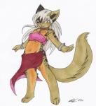 anthro belly biped bottomwear chibi clothed clothing collar cuff_(restraint) female fur hair long_hair looking_at_viewer restraints shackles skirt solo spots standing young young_anthro koshkio cairo domestic_cat felid feline felis mammal hi_res