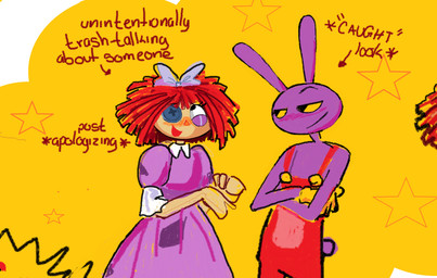 accessory alternative_fashion anthro black_eyes blue_clothing blue_dress blue_hair_bow blush bow_ribbon button_(fastener) clothed clothing doll dress duo eyelashes female fur gloves hair hair_accessory hair_bow hair_ribbon handwear j-fashion lolita_(fashion) long_ears male overalls purple_body purple_ears purple_fur purple_tail rag_doll_(toy) red_clothing red_hair red_nose red_overalls ribbons scut_tail short_hair short_tail sweet_lolita tail tan_body text yellow_clothing yellow_gloves yellow_handwear yellow_sclera light-koe-pinsky glitch_productions the_amazing_digital_circus jax_(tadc) ragatha_(tadc) animate_inanimate lagomorph leporid living_doll living_toy mammal rabbit english_text hi_res