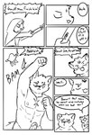 abs anthro bodily_fluids clothed clothed/nude clothing dialogue erection forced genital_fluids genitals group humor male male/male navel nipples nude offscreen_sex penis precum punch rape scar sound_effects northwoooof toby_(northwoooof) wolf_knight_(northwoooof) canid canine canis domestic_cat felid feline felis mammal wolf comic hi_res