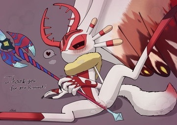 antares_(kirby_and_the_forgotten_land) anthro antlers biped black_fingernails black_nails black_sclera blush blush_lines breath censored_genitalia censored_vulva chest_tuft colored_nails countershading digitigrade dipstick_tail female fingernails fluffy fluffy_tail fur genitals grey_background grinding head_wings heart_symbol holding_melee_weapon holding_object holding_polearm holding_spear holding_weapon horn huge_wings improvised_sex_toy ineffective_censorship lying markings masturbation melee_weapon motion_lines mouthless multicolored_body multicolored_fur nails narrowed_eyes neck_tuft on_back polearm pupils raised_leg red_body red_fur sex_toy simple_background solo spear speech_bubble spread_legs spreading tail tail_markings tan_body tan_fur text three-quarter_view toying_self tuft unusual_wing_placement vulva weapon white_body white_fur white_pupils white_vulva wings ahab_null kirby_(series) nintendo chaos_elfilis alien chinchilla chinchillid mammal rodent starling_(kirby) 2026 absurd_res censored digital_drawing_(artwork) digital_media_(artwork) english_description english_text full-length_portrait hi_res japanese_description mosaic_censorship portrait signature