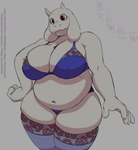 5_fingers anthro big_breasts bra breasts cleavage clothed clothing curvy_figure female fingers floppy_ears fur hand_on_hip huge_breasts legwear lingerie long_ears looking_at_viewer mature_anthro mature_female nipple_outline overweight overweight_anthro overweight_female solo squish standing stockings text thick_thighs thigh_highs thigh_squish underwear voluptuous white_body white_fur wide_hipped_female wide_hips hidoihito third-party_edit undertale undertale_(series) toriel boss_monster_(undertale) bovid caprine goat mammal color_edit colored english_text portrait three-quarter_portrait url